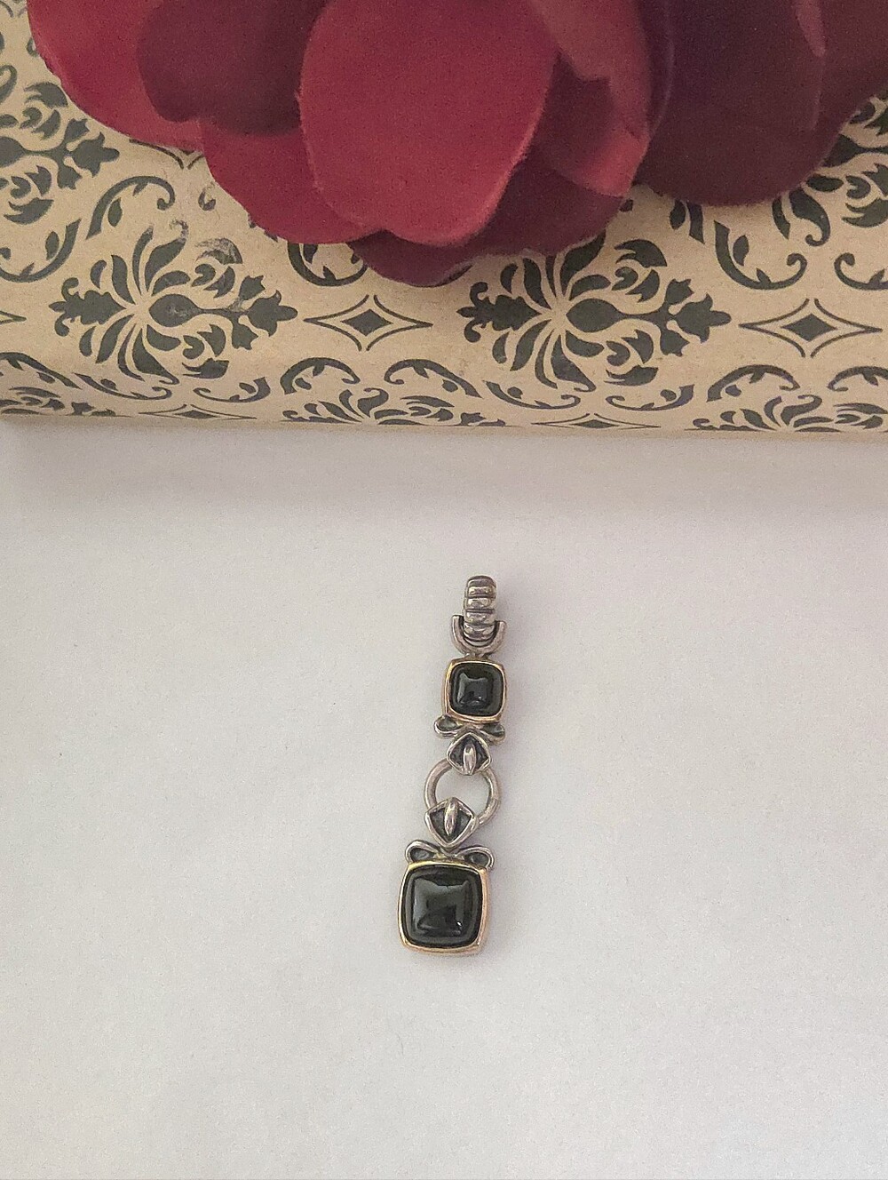 Prime Art & Jewel 14K Gold 925 Black Onyx Stone Dangle Pendant Marked 14K 925
